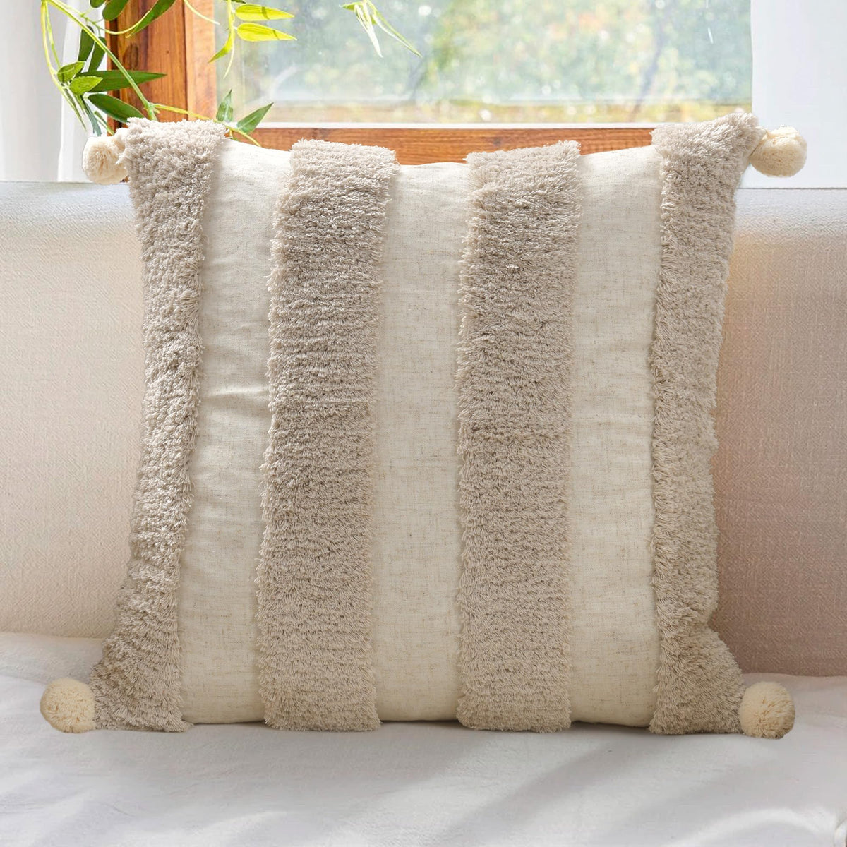 Boho Pillow Covers 18X18 Inch Boho Tufted Throw Pillow Covers Decorative Tassels Cushion Cover Farmhouse Pillow Case for Couch Sofa Bed Living Room Bedroom, Green