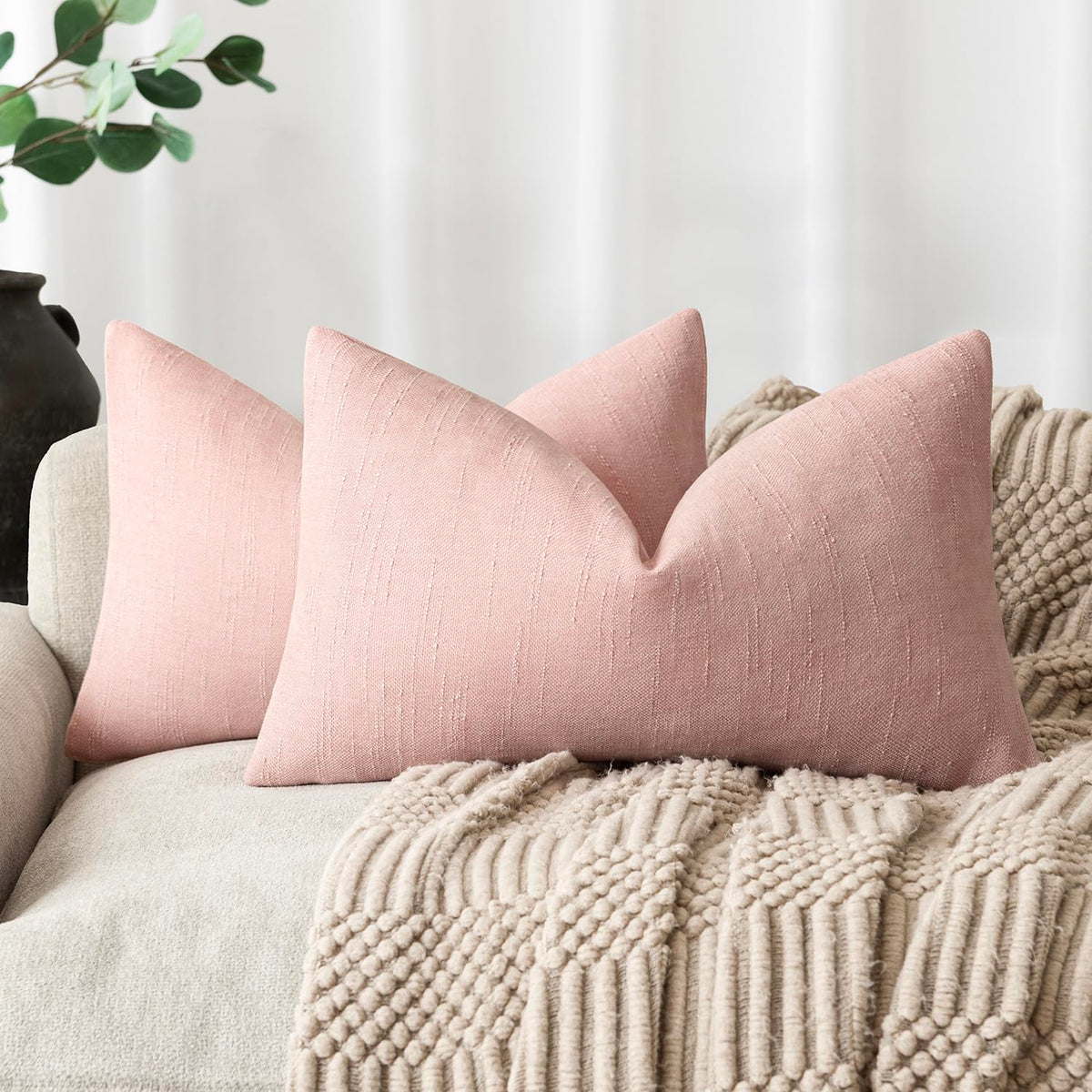 Foindtower Solid Textured Chenille Throw Pillow Covers 20x20 Inch,Taupe