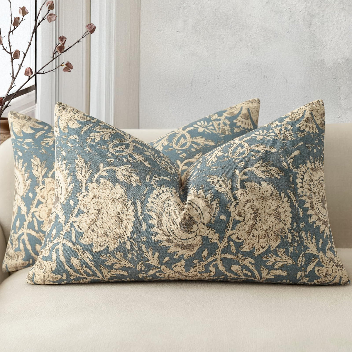 Vintage Floral Print Throw Pillow Covers 20x20 Set of 2 Neutral Modern Farmhouse Pillowcase Accent Decorative Cushion Covers Boho Home Decor for Couch Sofa Chair Bed Living Room, Olive Green