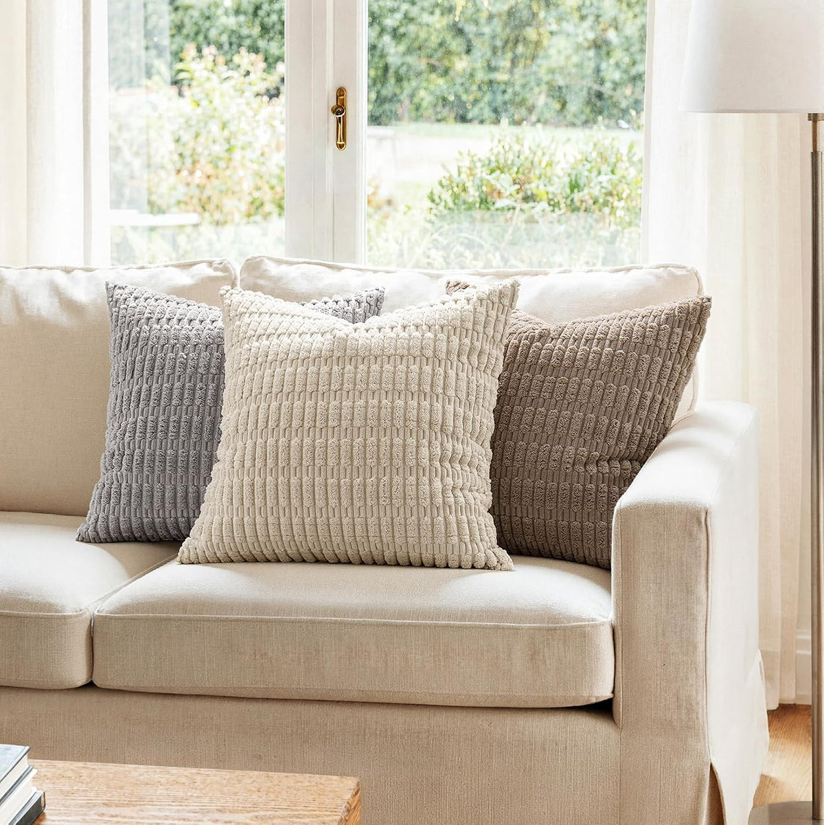 MIULEE Corduroy Decorative Throw Pillow Covers 18x18 Light Brown Pack of 2