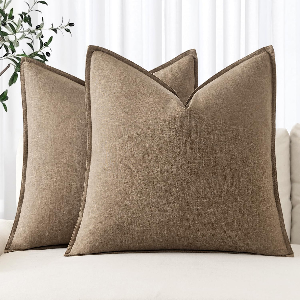 MIULEE Decorative Linen Euro Sham Pillow Covers 22x22 Inch Natural Beige