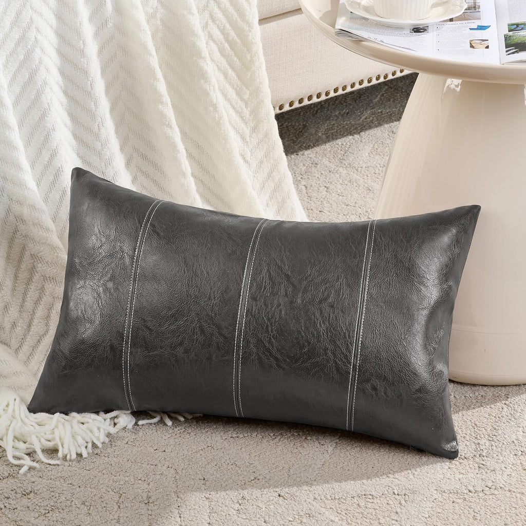 Fancy Homi Brown Boho Long Lumbar Faux Leather Body Decorative Throw Pillow Cover 14x36 Inch for Bedroom Couch Bed Sofa Bench, Hand Stitched Stylish Pillowcase, Rustic Modern Farmhouse Room Decor