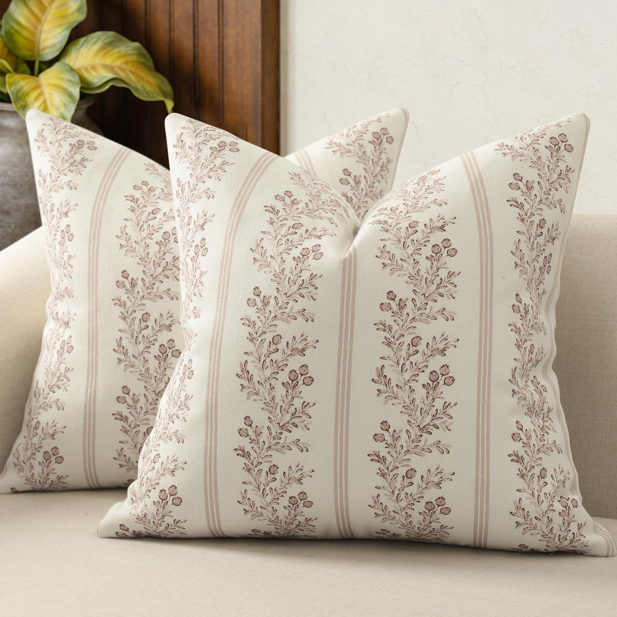 Vintage Throw Pillow Covers 18x18 Set of 2, Striped Floral Pillow Cover Botanical Patterned Decorative Cushion Covers Modern Farmhouse Home Decor for Sofa Couch Bed Living Room, Light Brown