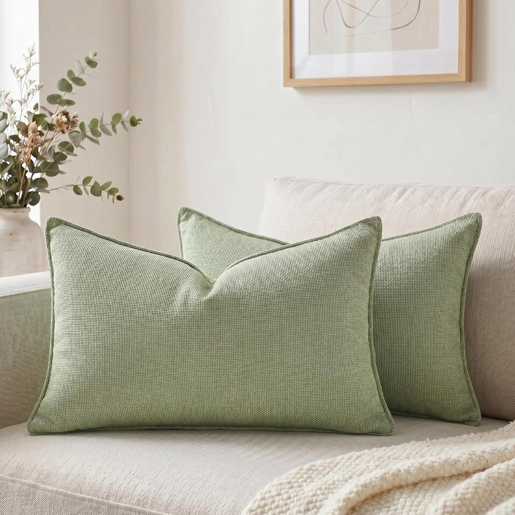 Fancy Homi Set of 2 Sage Green 12x20 Inch Soft Chenille Decorative Throw Pillow Covers with Flange Edge, Lumbar Neutral Modern Boho Textured Cushion Case Home Decor for Couch Sofa Bed Living Room