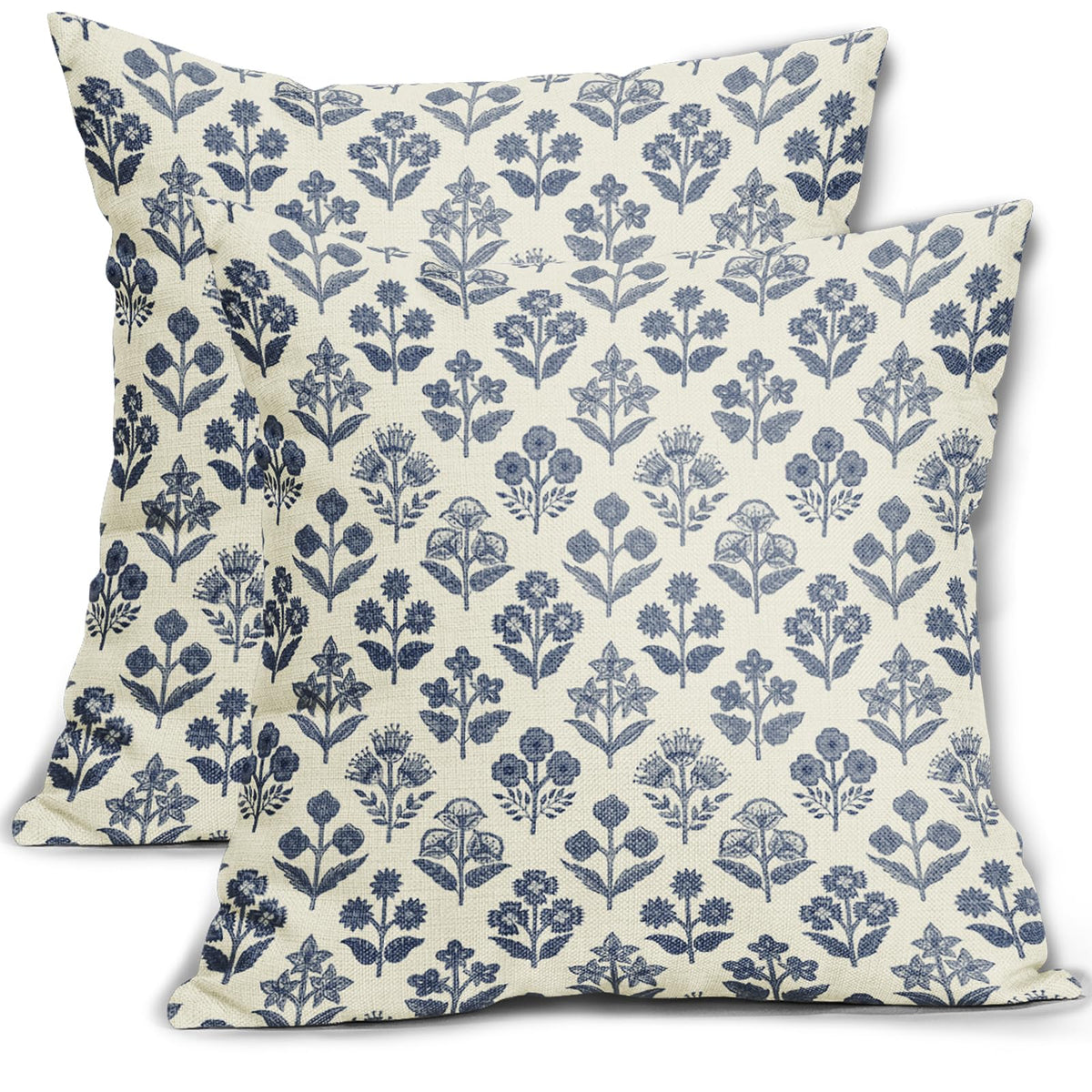 Blue Green Block Print Pillow Covers 18x18 Inch Set of 2, Vintage Floral Spring Decorative Throw Pillow Cases Boho Cushion Covers Rustic Decoration Gift Farmhouse Sofa Couch Bed Decor