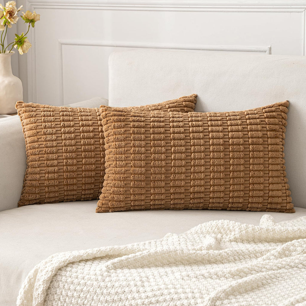 MIULEE Lumbar Corduroy Decorative Throw Pillow Covers 12x20 Cream White