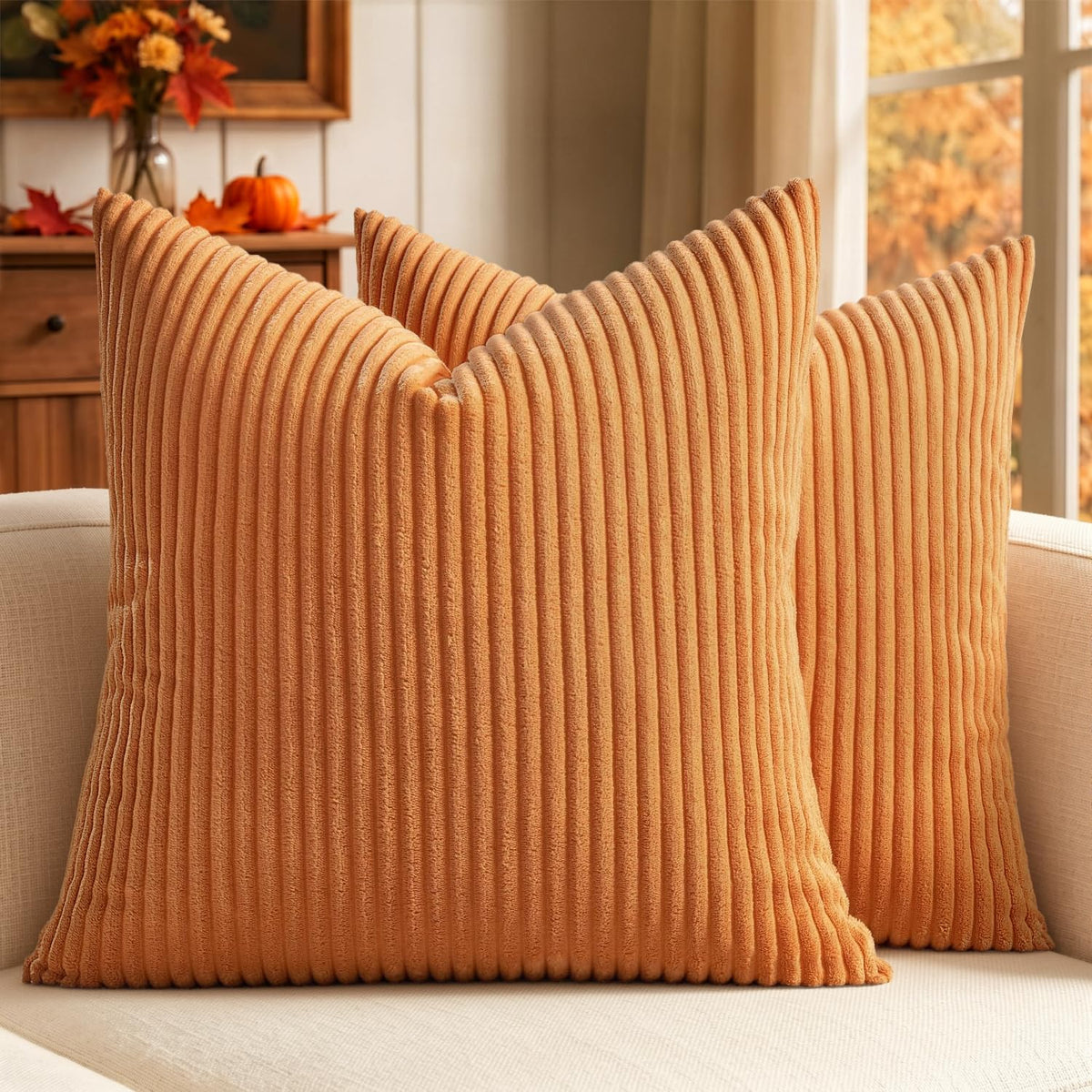 MIULEE Fall Decorative Corduroy Throw Pillow Covers Set of 2 20x20 Orange