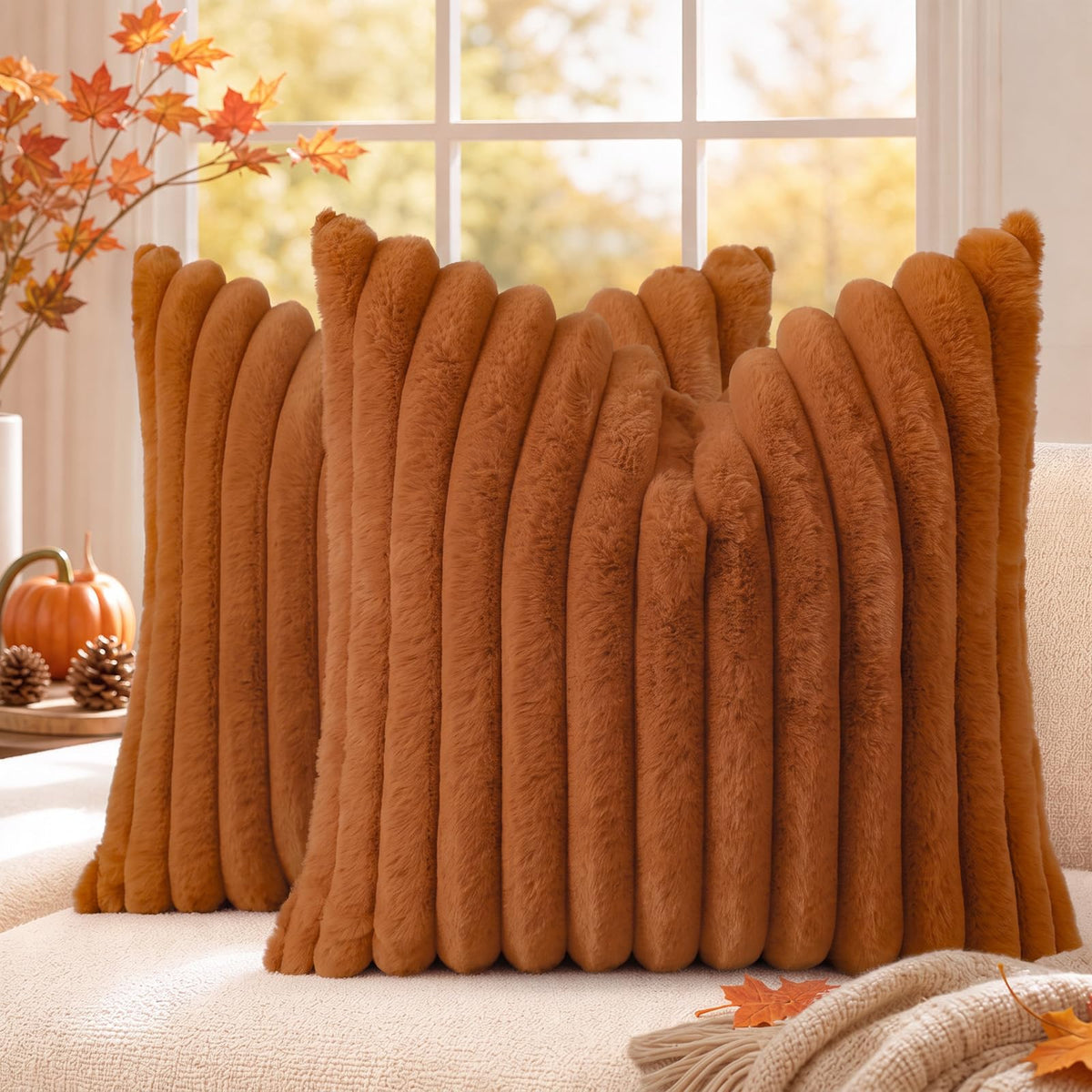 decorUhome Fall Faux Fur Throw Pillow Covers 18x18 Set of 2 Rust