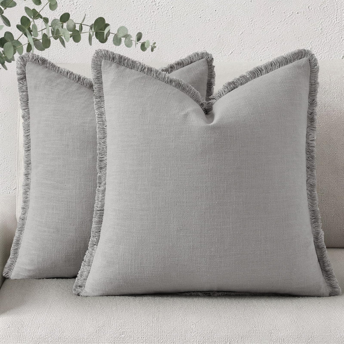 decorUhome Linen Fringe Natural Beige Throw Pillow Covers 18x18 Set of 2