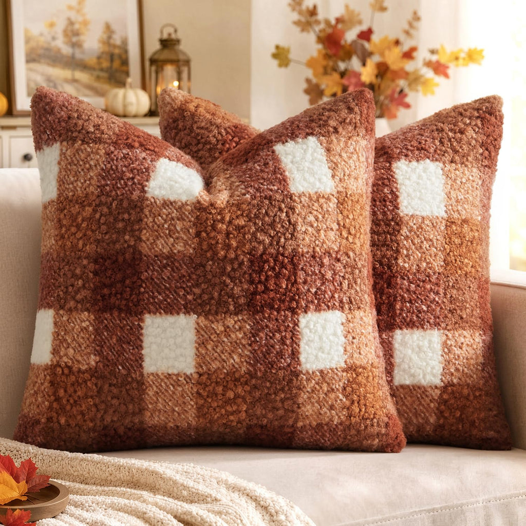 MIULEE Fall Plaid Pillow Covers Boucle Khaki White 18x18 Set of 2
