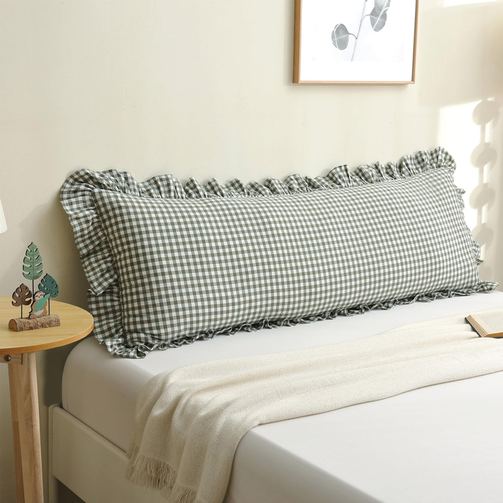 Gingham Throw Pillow Covers 18x18, Warm Taupe/White, Ruffle Trim