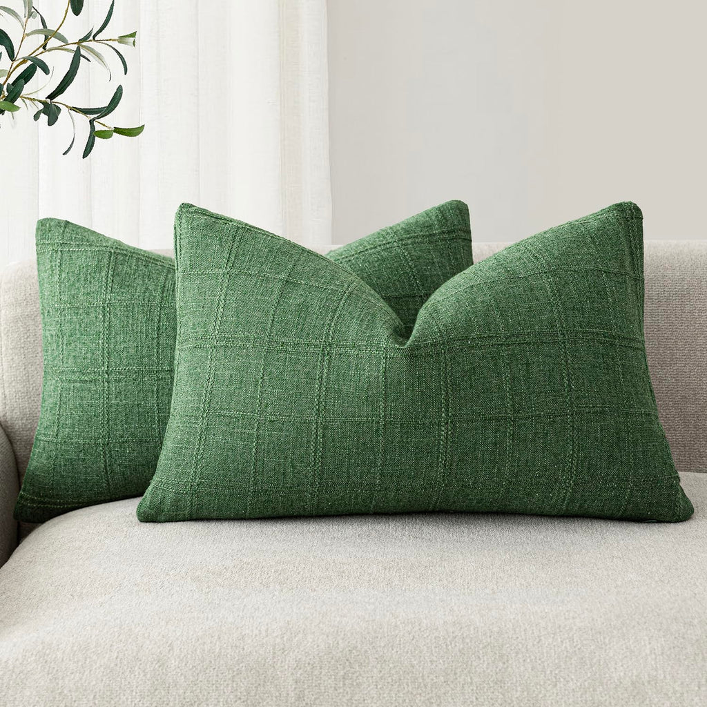 Foindtower Boho Linen Check Decorative Throw Pillow Cover 20×20 Olive Green