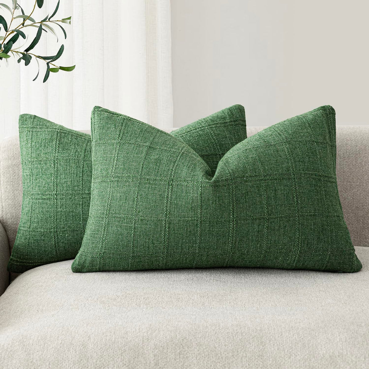 Foindtower Boho Linen Check Decorative Throw Pillow Cover 20×20 Olive Green