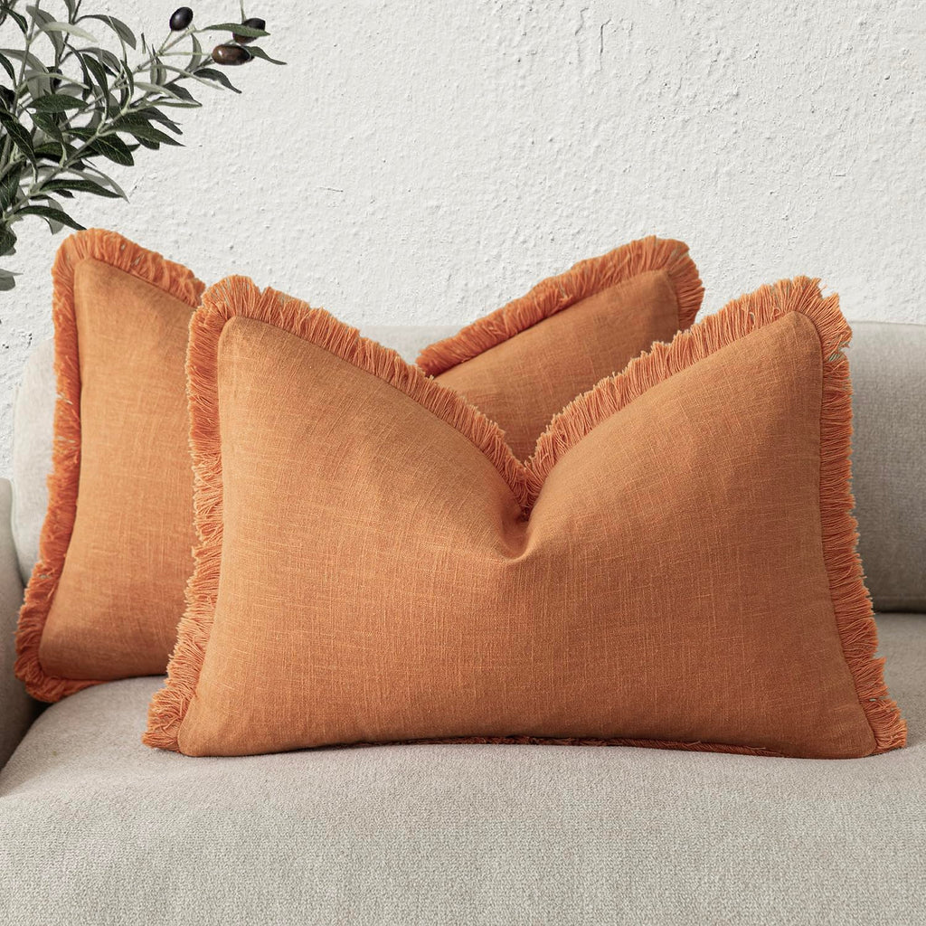 Foindtower Decorative Linen Fringe Throw Pillow Covers 20×20 Inch,Beige