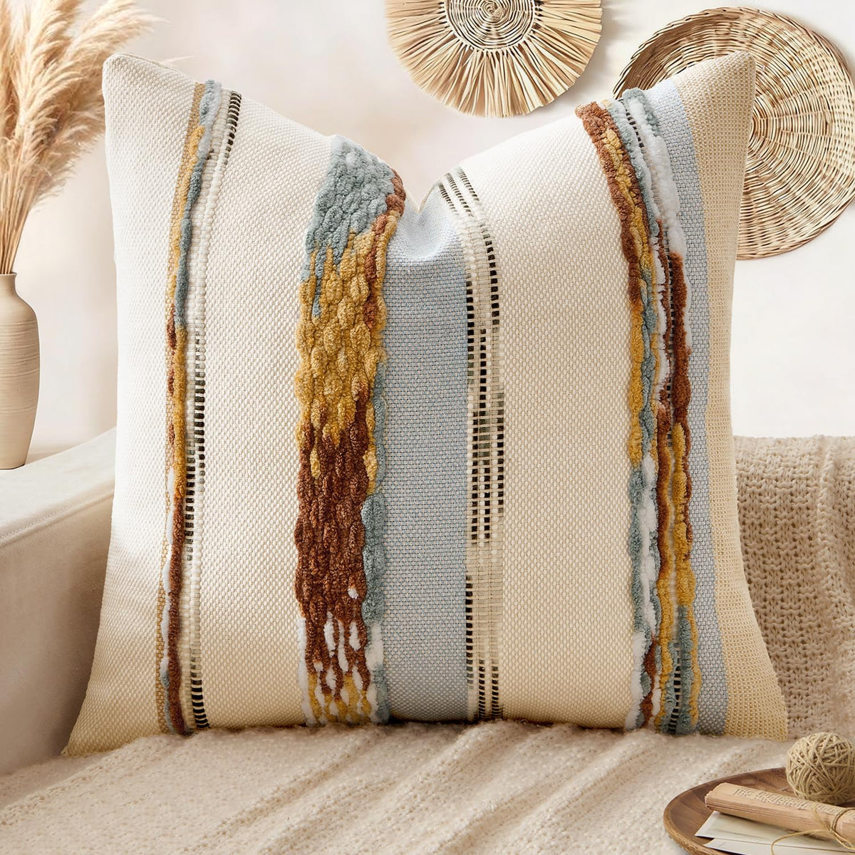 ANRODUO Boho Decorative Pillow Covers Olive Green Stripe 18x18 Pack of 2
