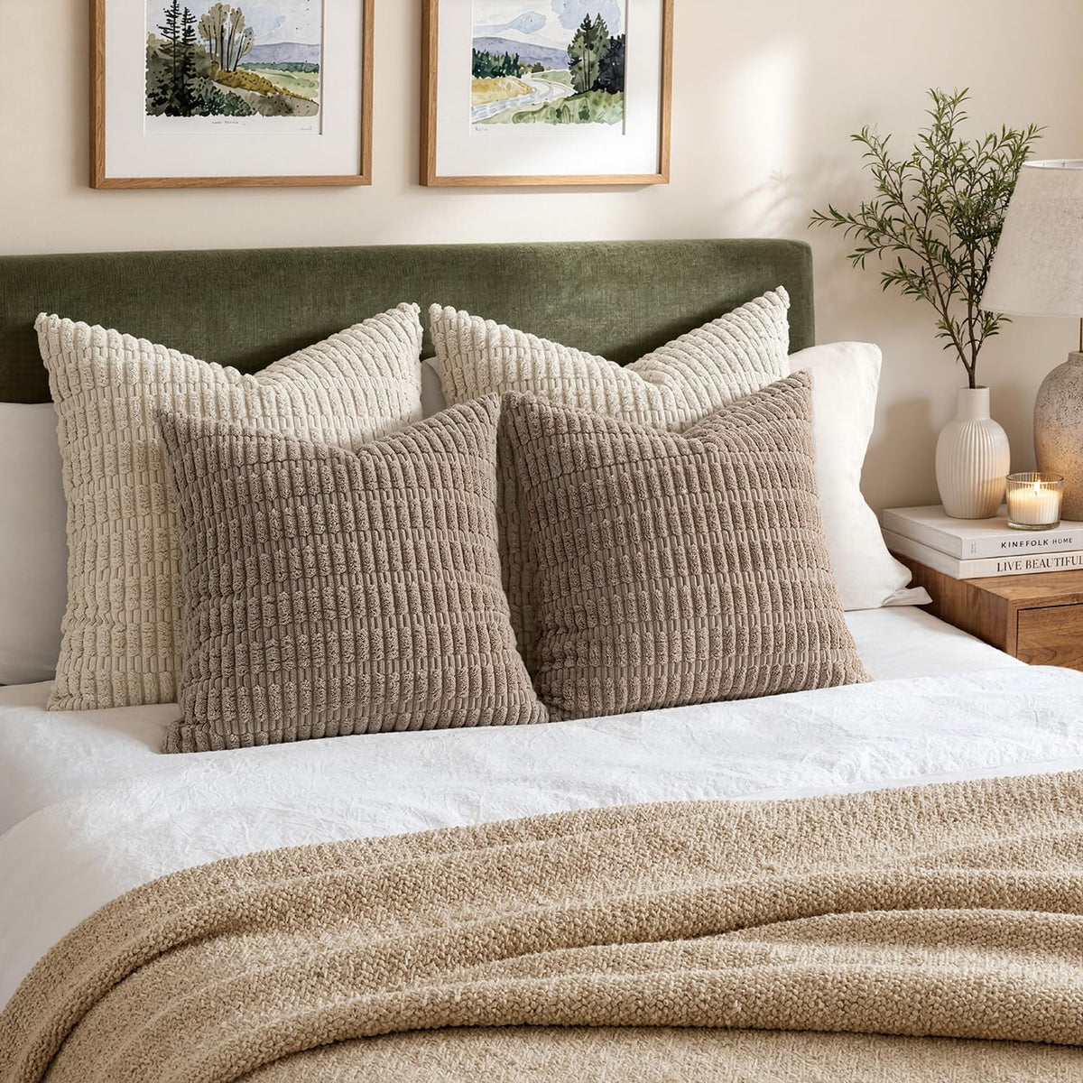 MIULEE Corduroy Decorative Throw Pillow Covers 18x18 Light Brown Pack of 2