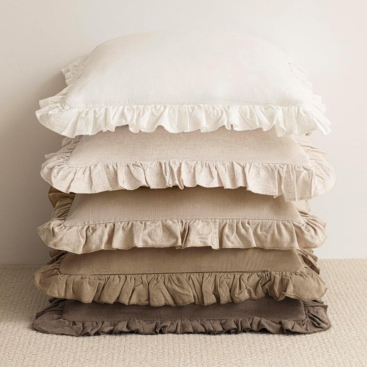 Foindtower Set of 2 Decorative Soild Fringe Ruffle Throw Pillow Covers Soft Boho Farmhouse Cushion Cover Cozy Accent Retro Pillowcase for Couch Sofa Bed Living Room Home Decor,20×20 Inch,Natural Beige