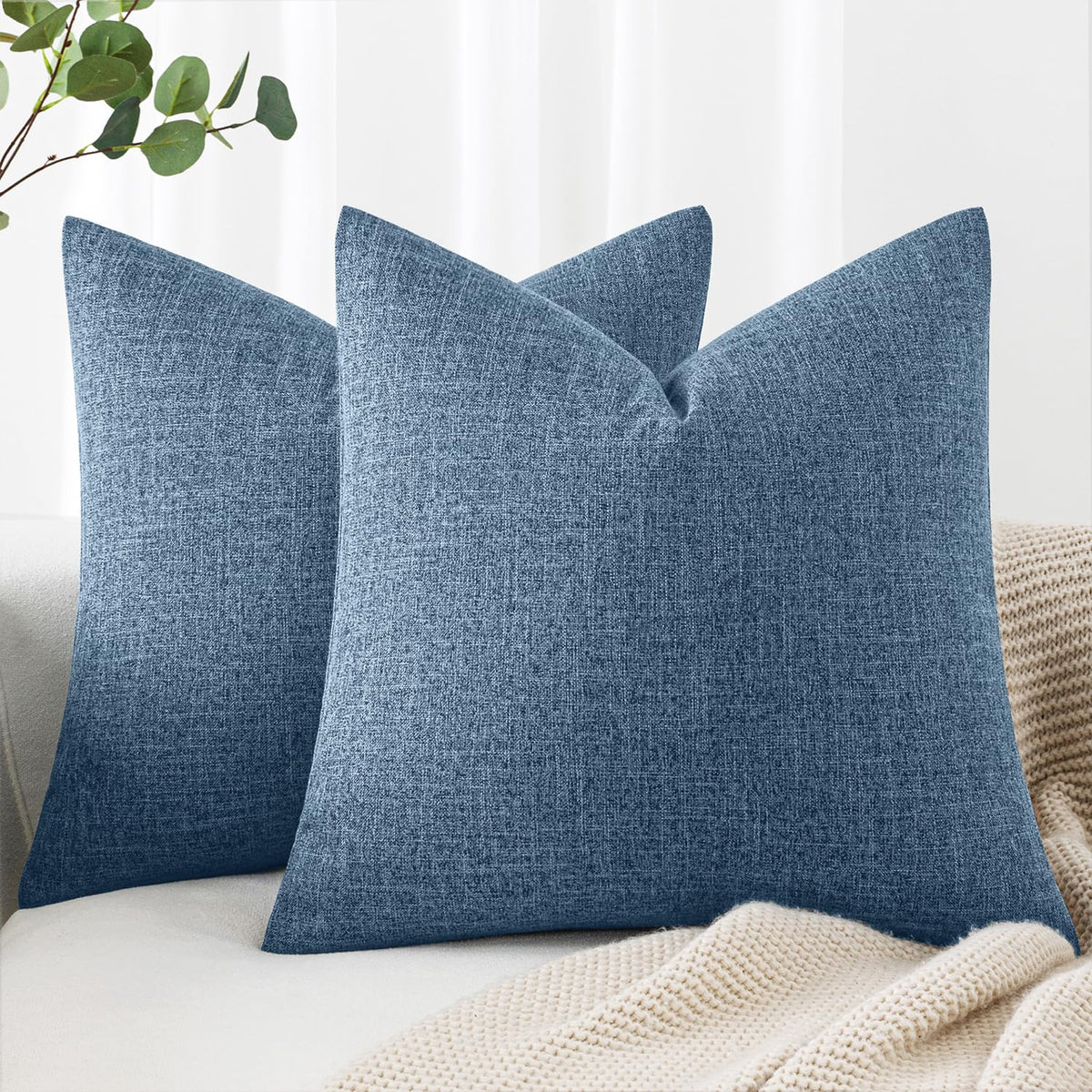 MIULEE Pack of 2 Linen Textured Pillow Covers, 18x18 Inch Light Blue