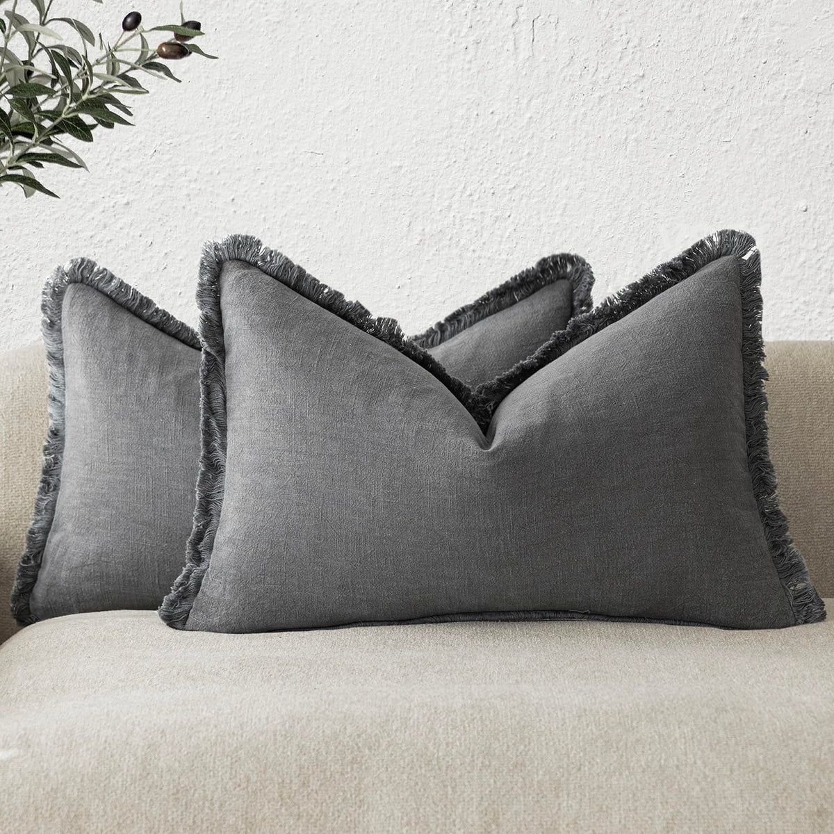 Foindtower Decorative Linen Fringe Throw Pillow Covers 20×20 Inch,Beige