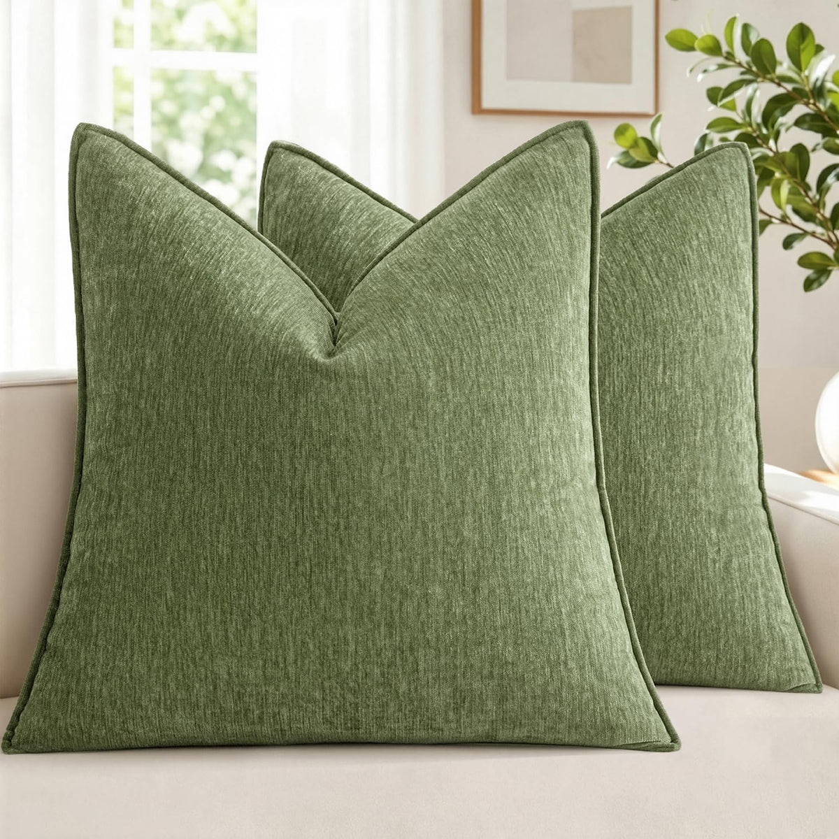 MIULEE Chenille Couch Pillow Covers for Living Room 18x18 Natural Beige
