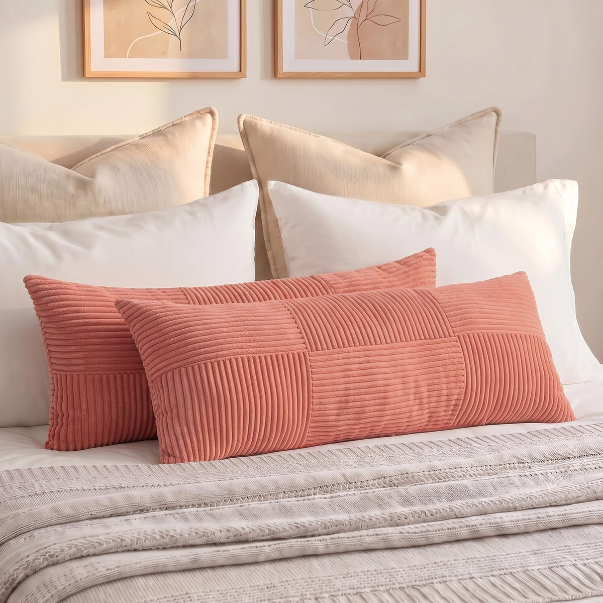 Fancy Homi 2 Packs Rust Boho Decorative Throw Pillow Covers 18x18 Inch for Couch Bed Sofa, Farmhouse Fall Home Decor, Soft Corss Corduroy Patchwork Textured Terracotta Accent Cushion Case 45x45 cm