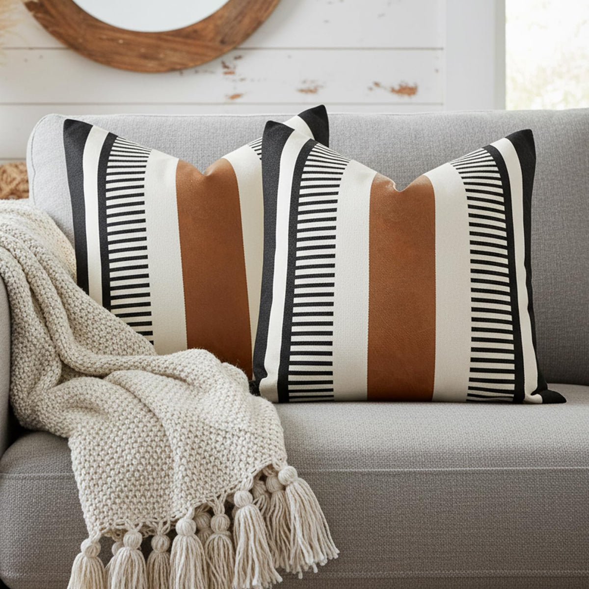 Decorative Striped Throw Pillow Cover 20x20 Inch Black White & Brown