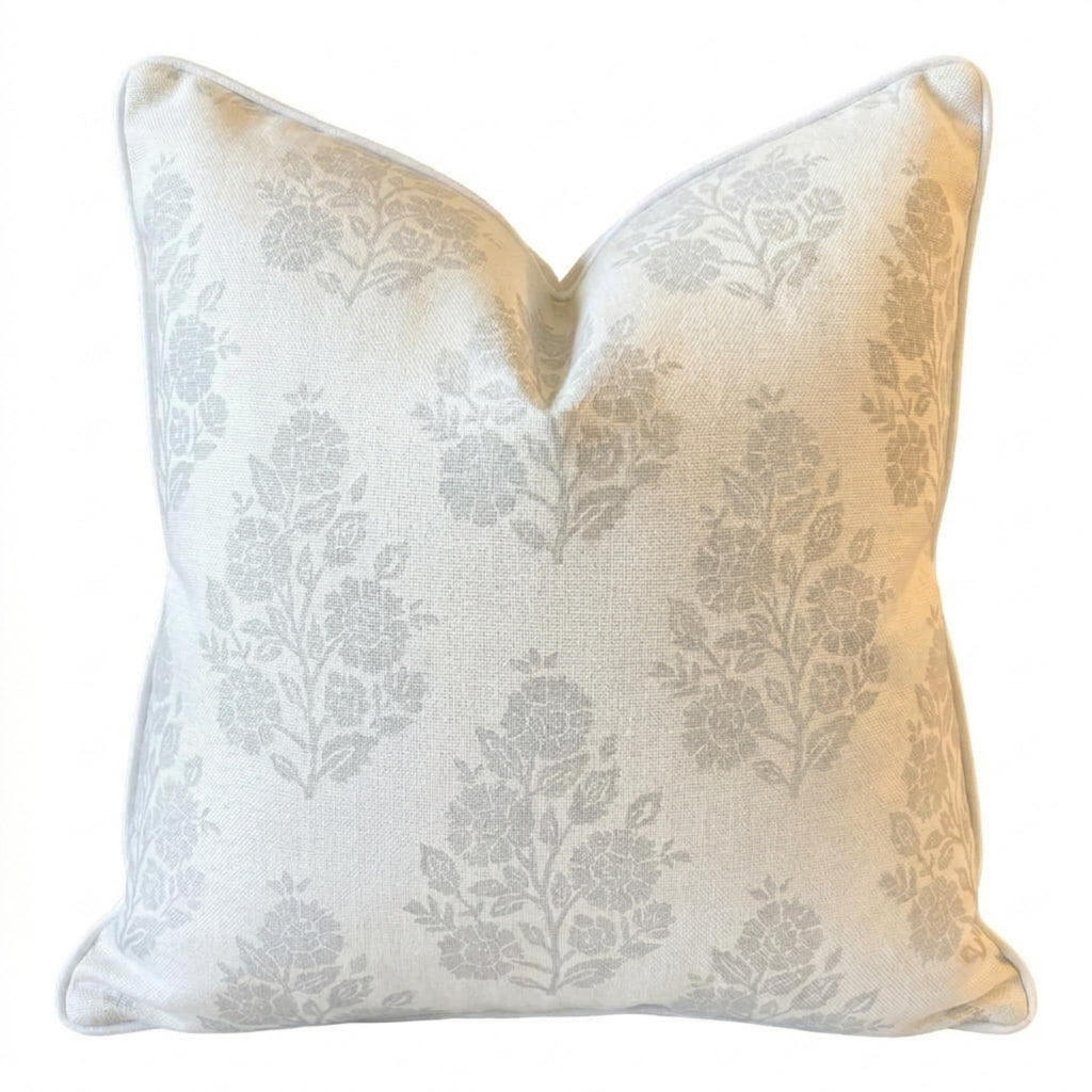 Jillien Harbor “The Naples” Floral Block Print Pillow Cover – Grey and White Blue Decorative Throw Pillow Cover – Grandmillennial Home Decor, 20" x 20"