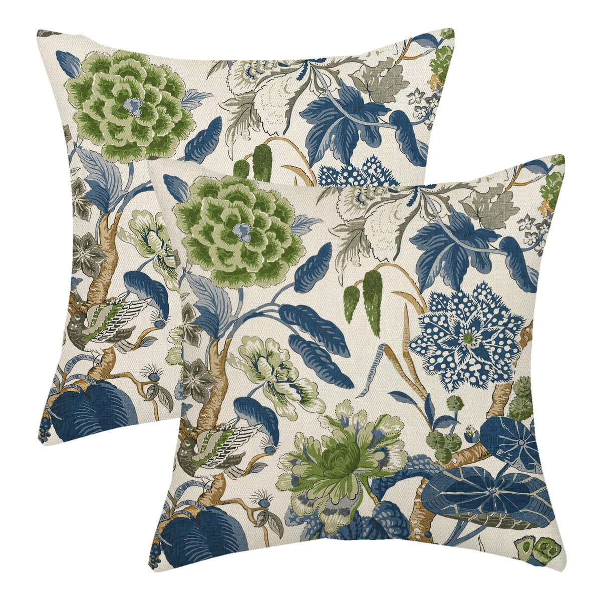 Chinoiserie Pillow Covers 18x18 Set of 2 Blue Green Bird Floral Throw Pillows Vintage Blue Flowers Decorations Outdoor Pillowcase Chinoiserie Decor Farmhouse Linen Cushion Case for Couch Home