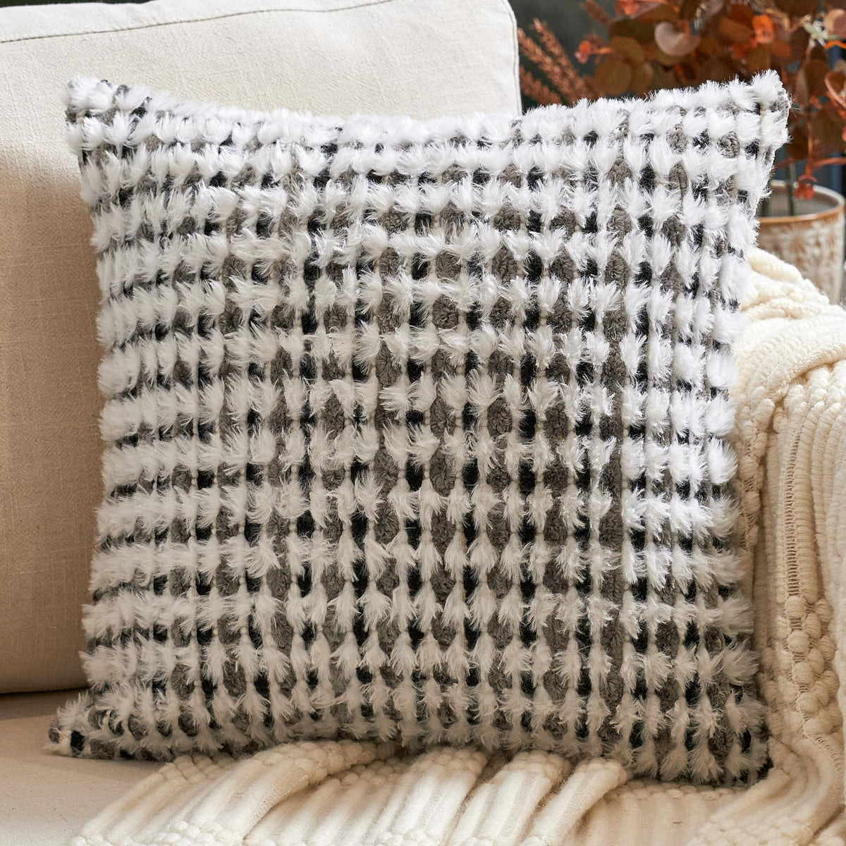 Aeckself Boho Chenille Tufted Pillow Cover 20 x 20 Inch, Decorative Square Throw Pillow Cover Neutral Pillowcase for Couch Bedroom Living Room, Orange White
