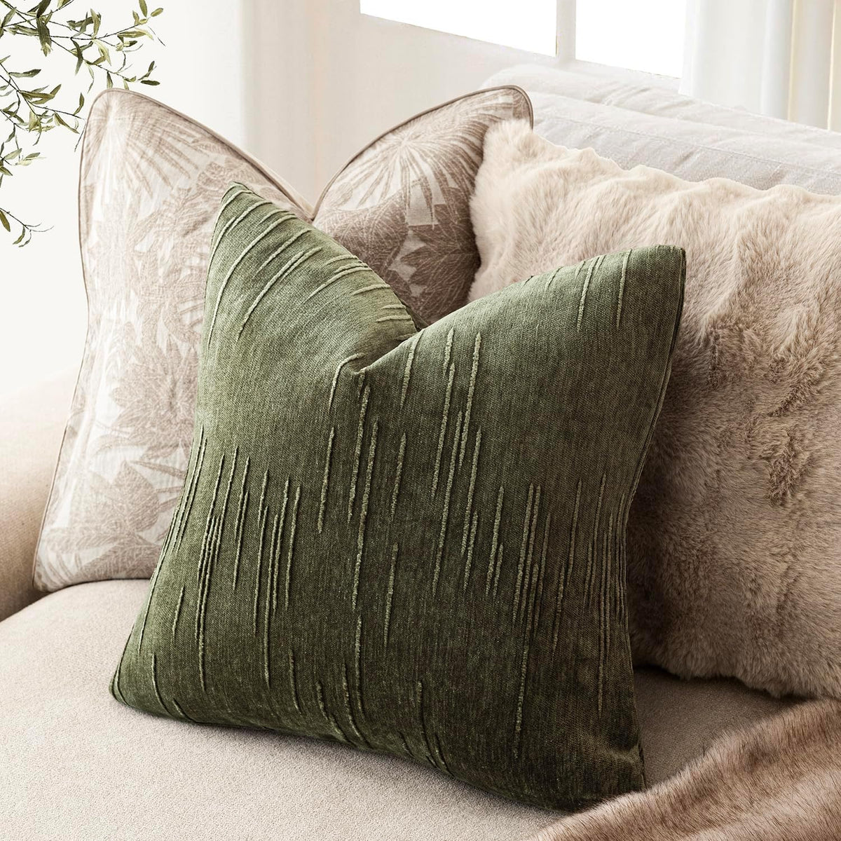 Foindtower Pack of 2 Slubby Textured Chenille Throw Decorative Pillow Covers Square Accent Solid Cushion Cover Neutral Farmhouse Pillow Case for Sofa Bedroom Living Room 18x18 Inch,Dark Olive Green