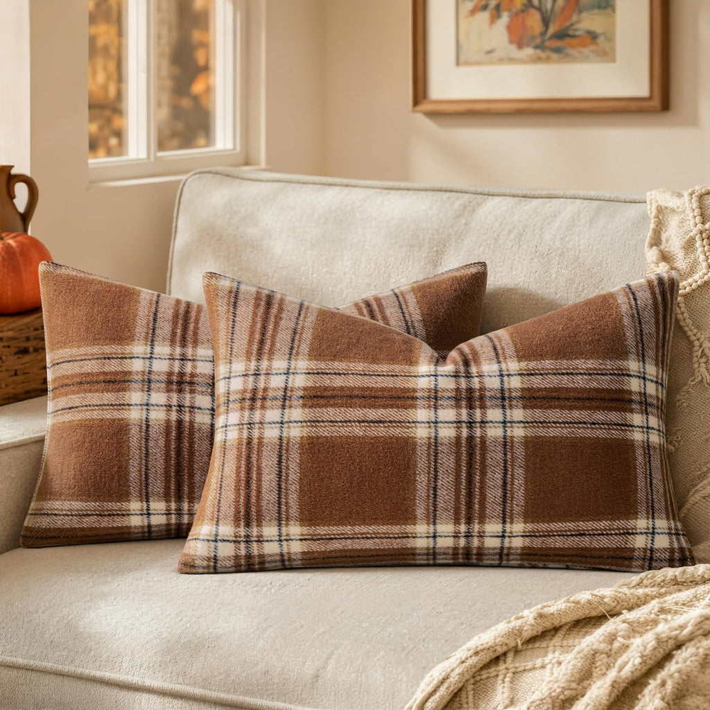 MIULEE Fall Plaid Decorative Pillow Covers Set of 2 20x20 Brown