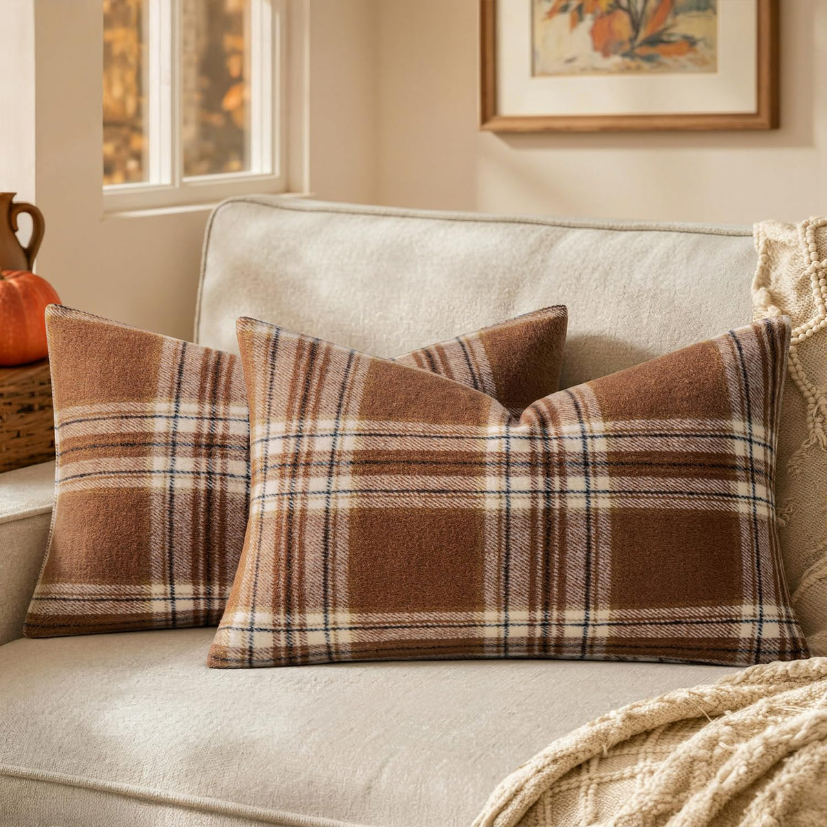 MIULEE Fall Plaid Decorative Pillow Covers Set of 2 20x20 Brown