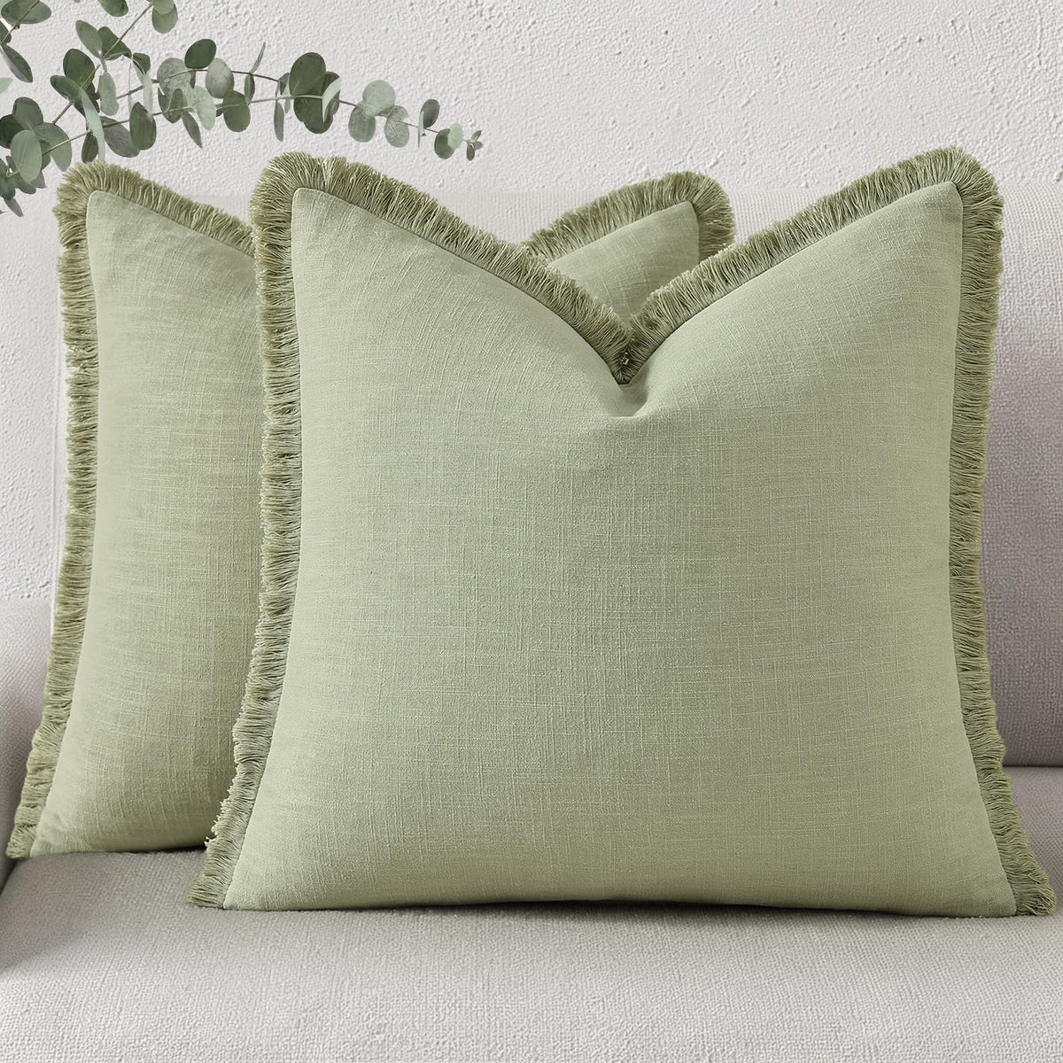 decorUhome Linen Fringe Natural Beige Throw Pillow Covers 18x18 Set of 2