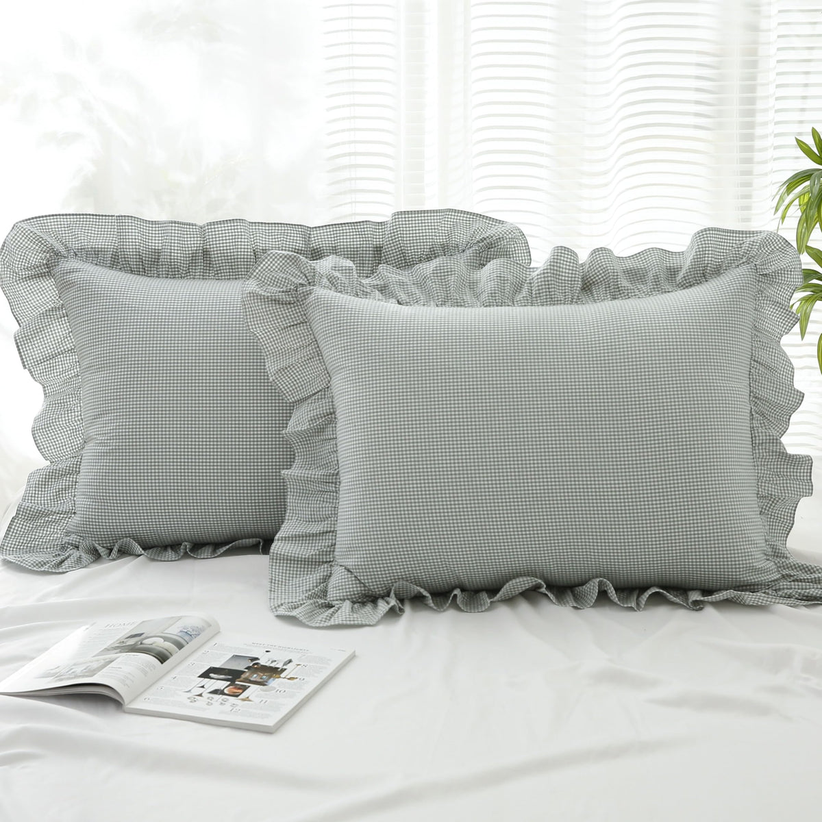 Gingham Throw Pillow Covers 18x18, Warm Taupe/White, Ruffle Trim