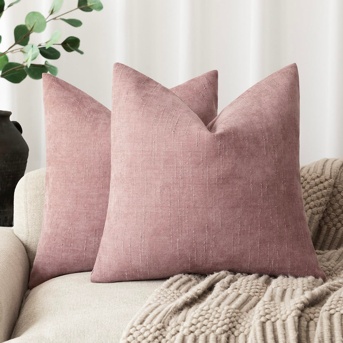 Foindtower Solid Textured Chenille Throw Pillow Covers 20x20 Inch,Taupe