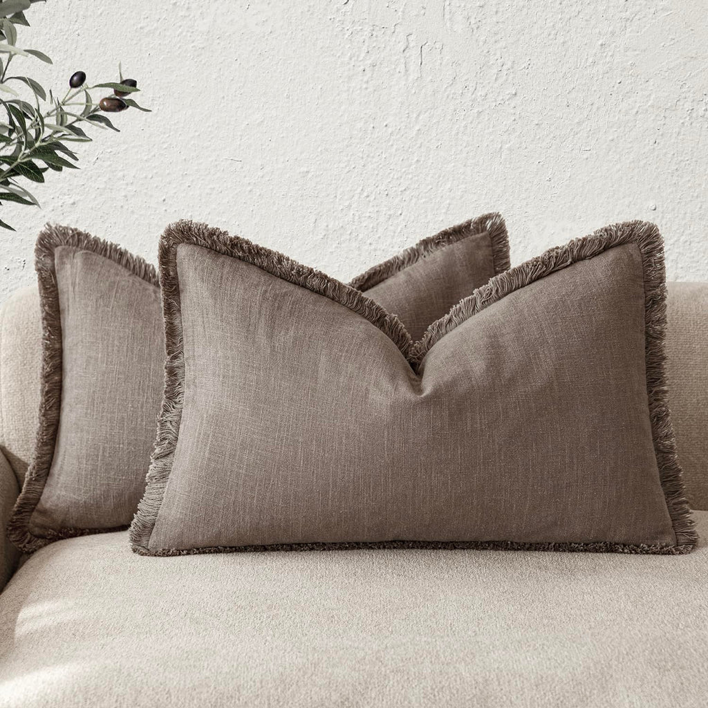 Foindtower Decorative Linen Fringe Throw Pillow Covers 20×20 Inch,Beige