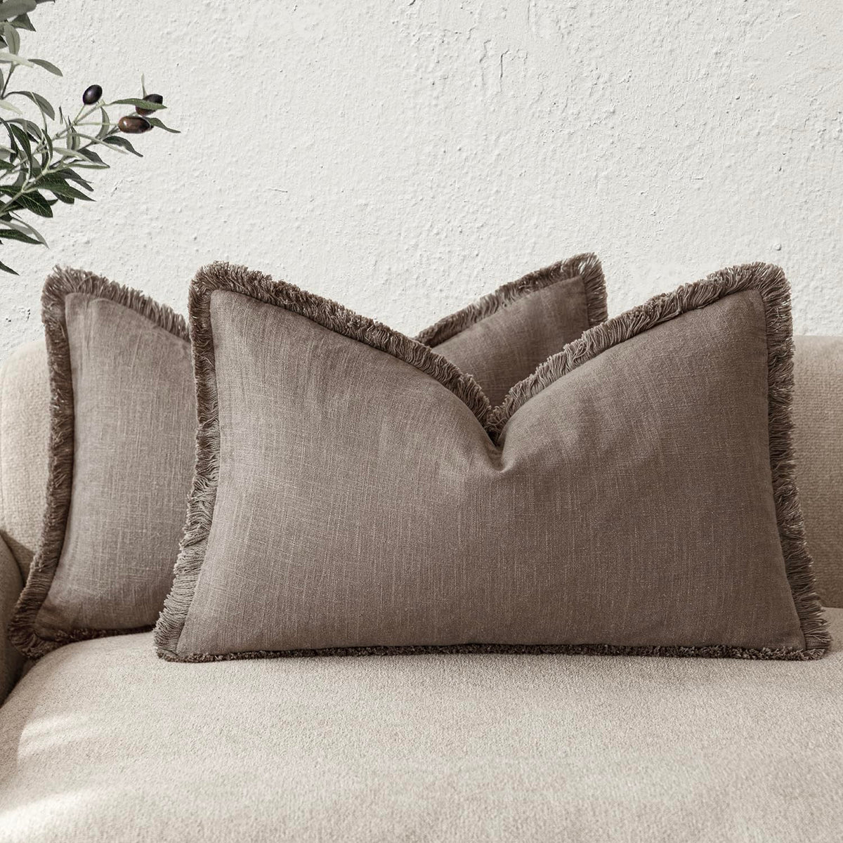 Foindtower Decorative Linen Fringe Throw Pillow Covers 20×20 Inch,Beige