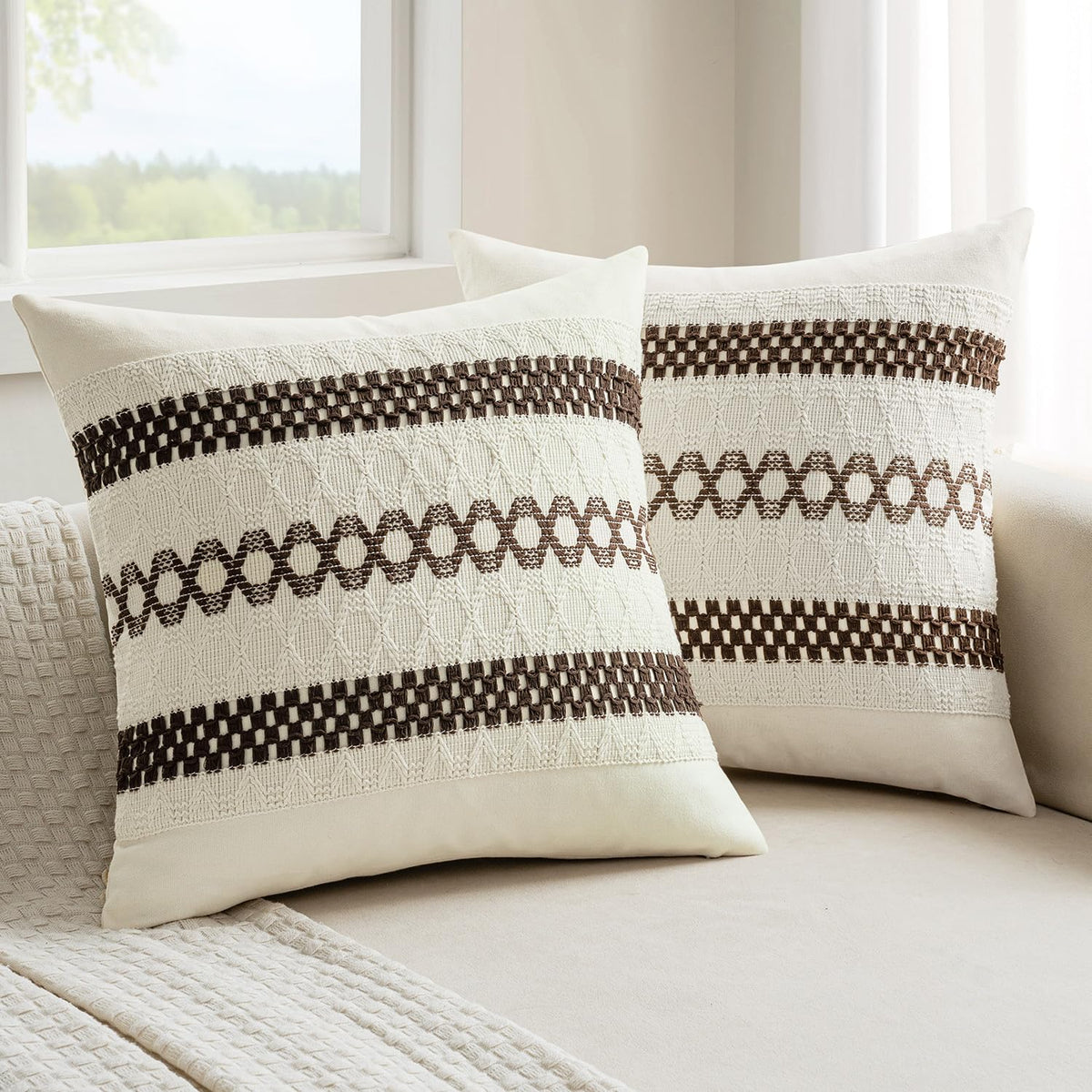 MIULEE Set of 2 Sage Green Boho Decorative Pillow Covers 18x18 Inch