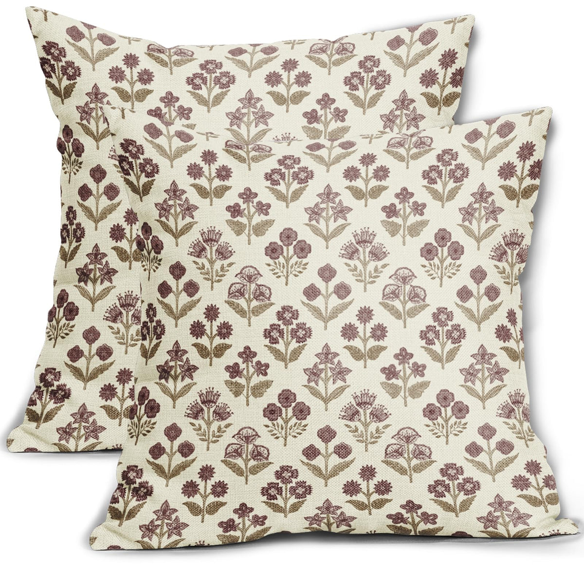 Blue Green Block Print Pillow Covers 18x18 Inch Set of 2, Vintage Floral Spring Decorative Throw Pillow Cases Boho Cushion Covers Rustic Decoration Gift Farmhouse Sofa Couch Bed Decor