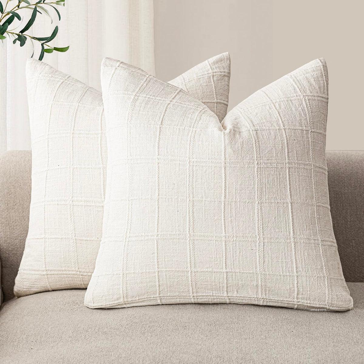 Foindtower Boho Linen Check Decorative Throw Pillow Cover 20×20 Olive Green