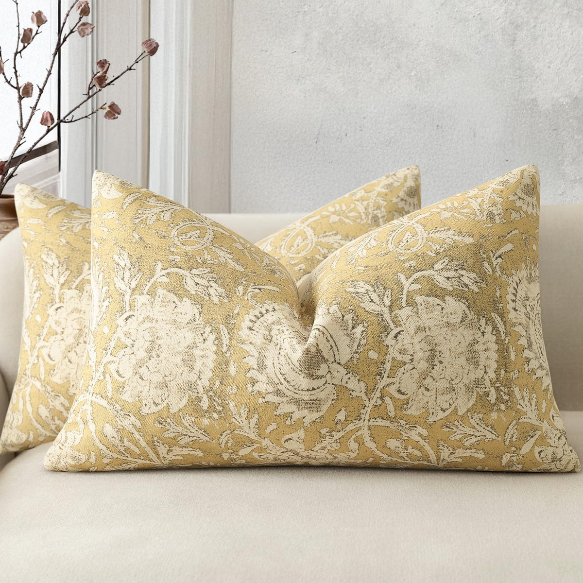 Vintage Floral Print Throw Pillow Covers 20x20 Set of 2 Neutral Modern Farmhouse Pillowcase Accent Decorative Cushion Covers Boho Home Decor for Couch Sofa Chair Bed Living Room, Olive Green