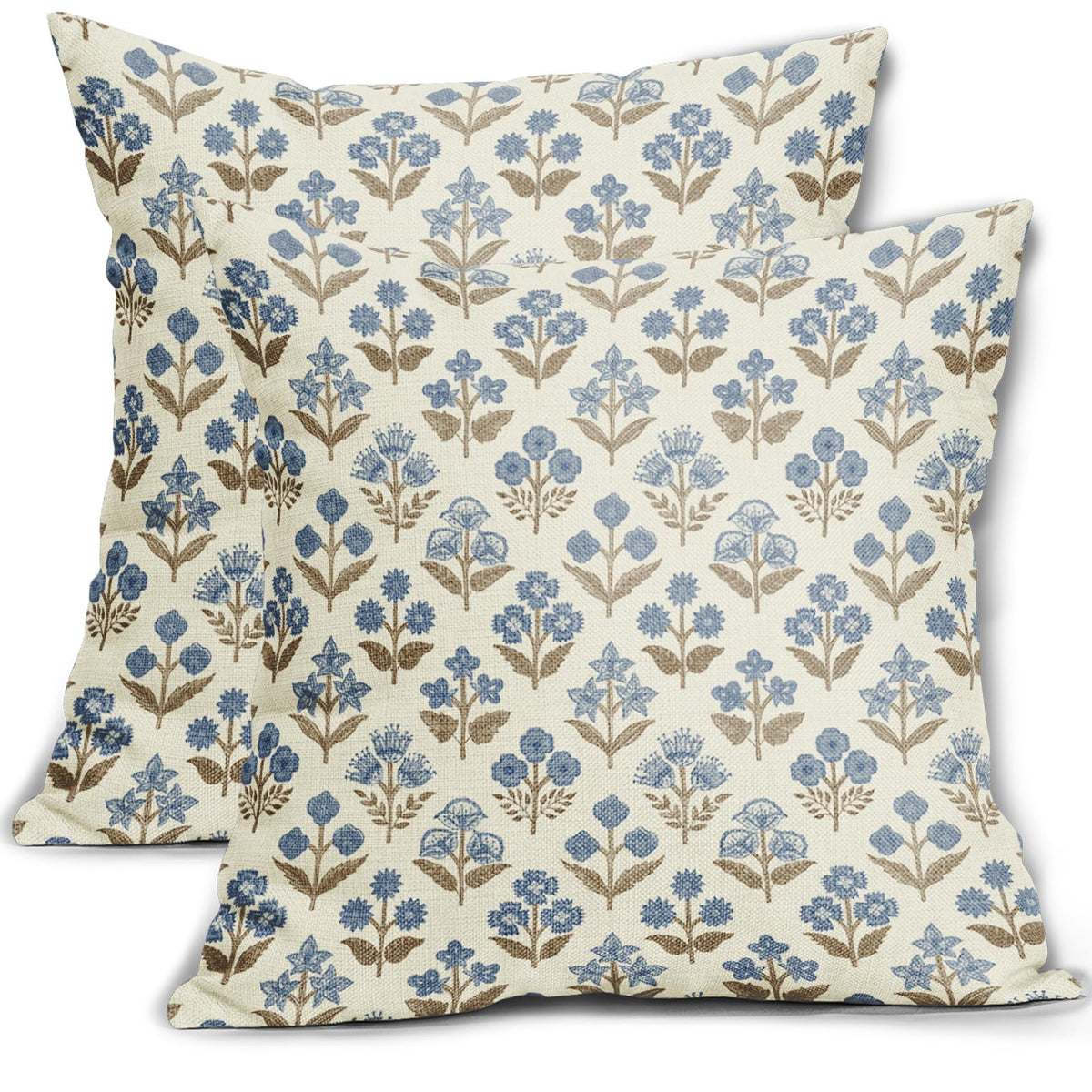 Blue Green Block Print Pillow Covers 18x18 Inch Set of 2, Vintage Floral Spring Decorative Throw Pillow Cases Boho Cushion Covers Rustic Decoration Gift Farmhouse Sofa Couch Bed Decor