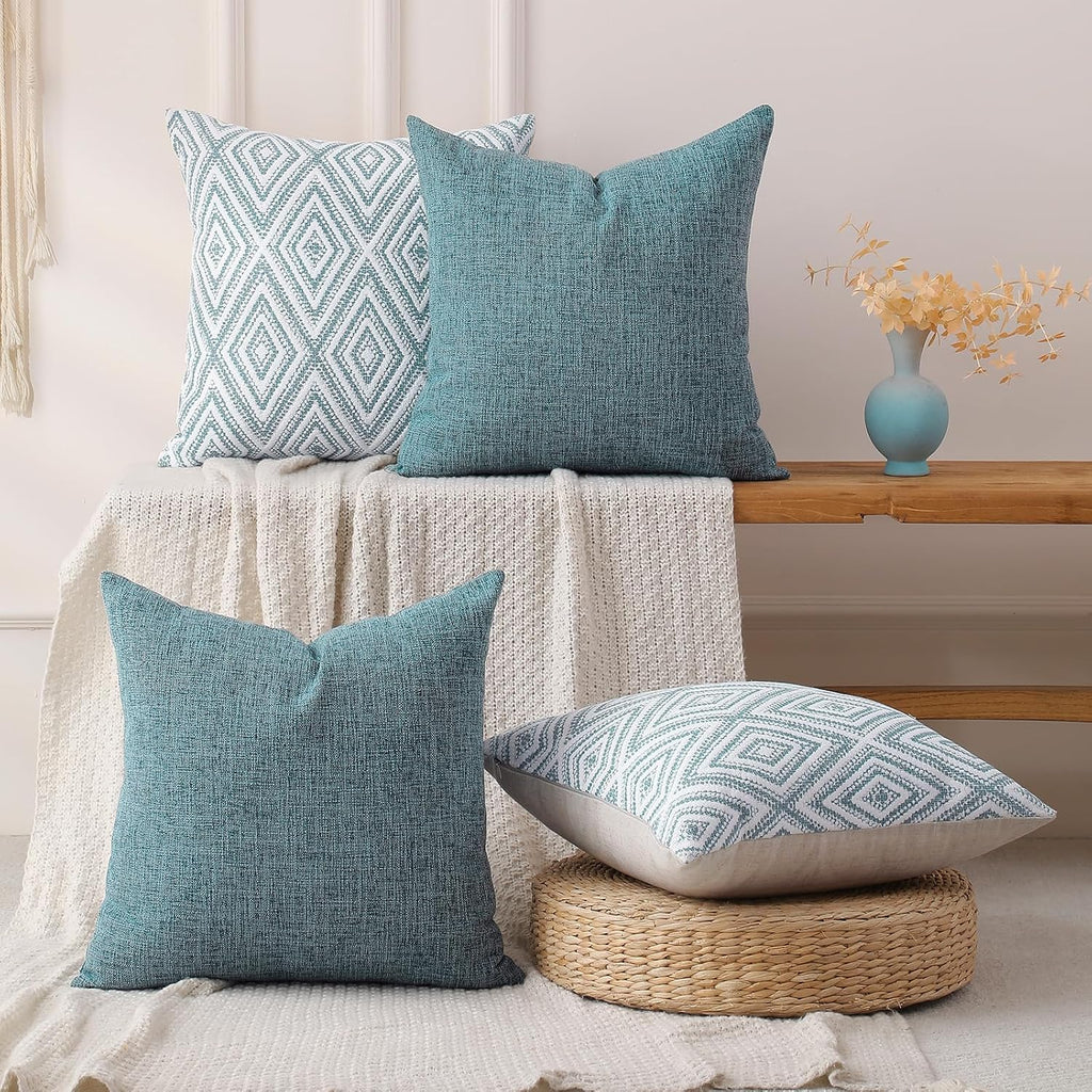 HPUK Throw Pillow Covers 18x18 Set of 4, Blue Patterned & Solid Covers
