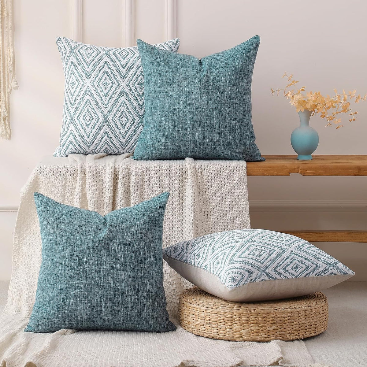 HPUK Throw Pillow Covers 18x18 Set of 4, Blue Patterned & Solid Covers