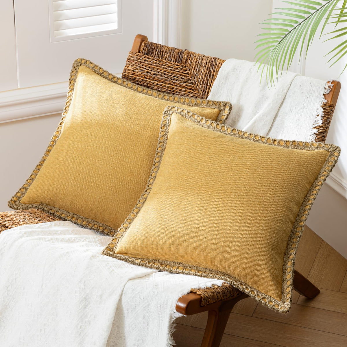 Phantoscope Pack of 2 Farmhouse Decorative Solid Throw Decorative Pillow Cover Burlap Linen Trimmed Tailored Edges Navy Blue 18 x 18 inches, 45 x 45 cm