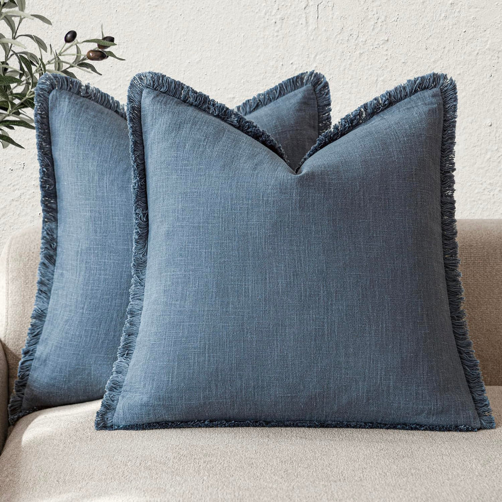 Foindtower Decorative Linen Fringe Throw Pillow Covers 20×20 Inch,Beige
