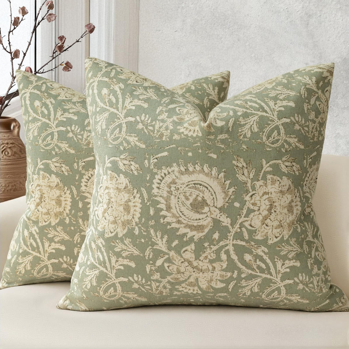 Vintage Floral Print Throw Pillow Covers 18x18 Set of 2 Neutral Modern Farmhouse Pillowcases Accent Decorative Cushion Covers Boho Home Decor for Couch Sofa Chair Bed Living Room, Olive Green