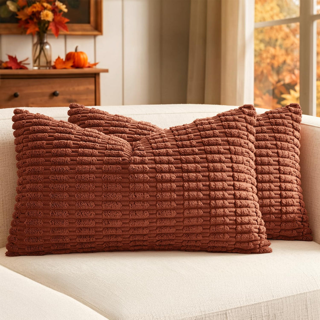 MIULEE Fall Corduroy Decorative Throw Pillow Covers 18x18 Rust Pack of 2