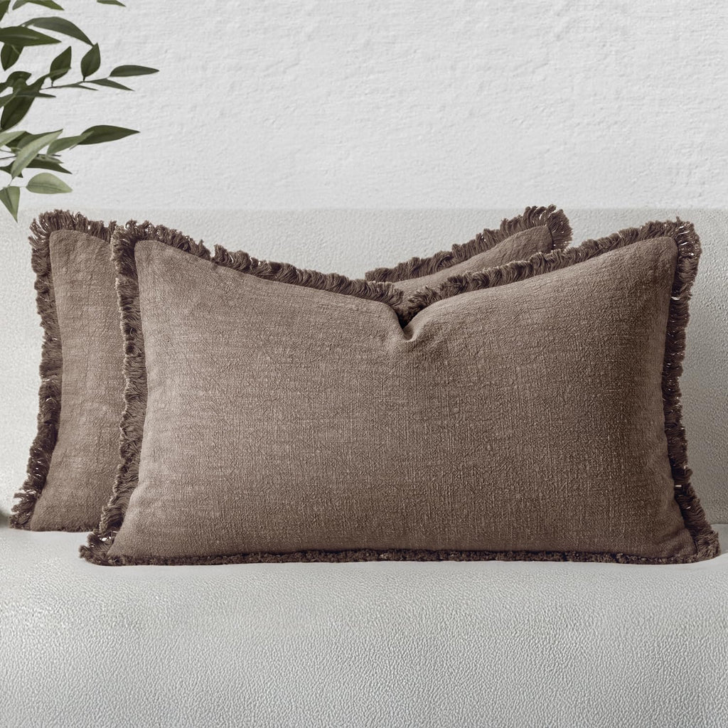 MIULEE Linen Fringe Decorative Throw Pillow Covers Natural Beige 20x20