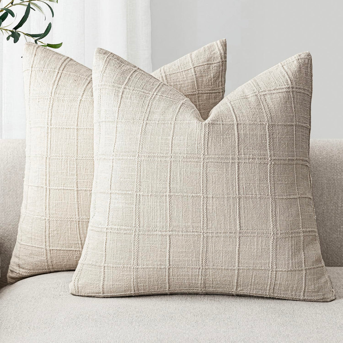 Foindtower Boho Linen Check Decorative Throw Pillow Cover 20×20 Olive Green